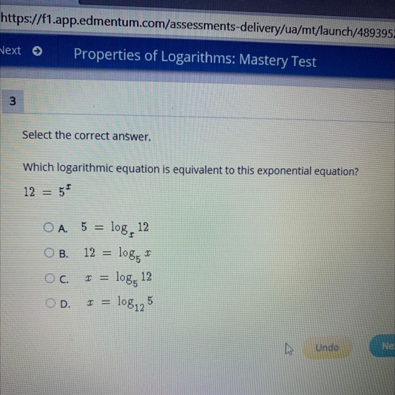 Which logarithmic equation is equivalent to this exponential equation? 12=5^x-example-1