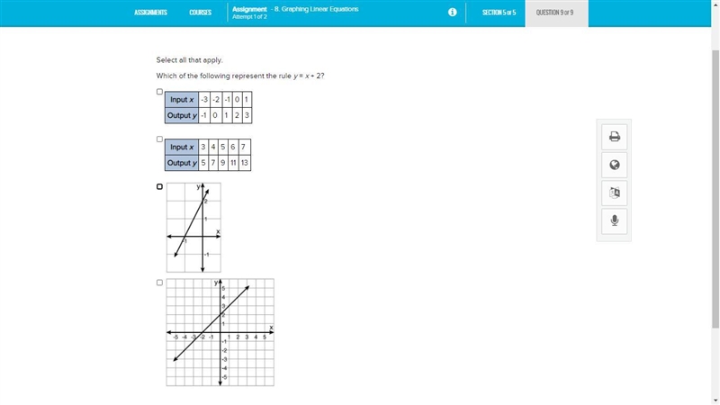 Select all that apply. Which of the following represent the rule y = x + 2?-example-1