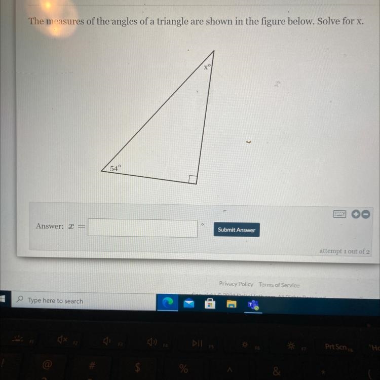 The measures of the angles of a triangle are shown in the figure below. Solve for-example-1