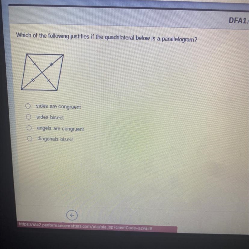 Which of the following justifies if the quadrilateral below is a parallelogram? A-example-1