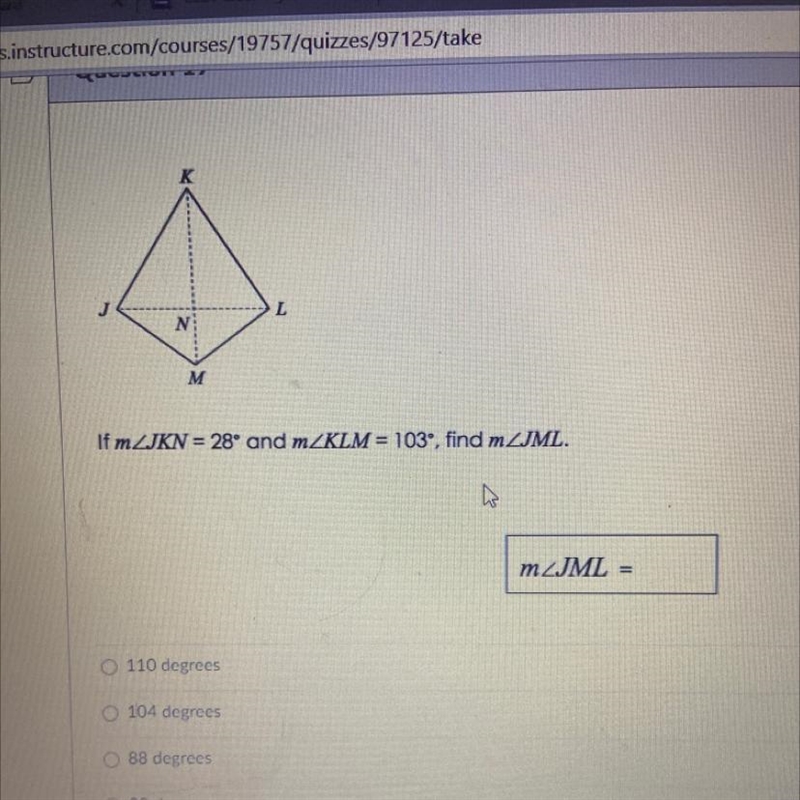 J L N M If mZJKN = 28º and mZKLM = 103°, find mZJML.-example-1