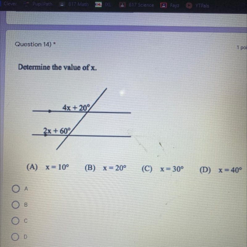 Determine the value of x. 4x + 20% 2x + 60% (A) X= 10° (B) x = 20° (C) X= 30° (D) x-example-1