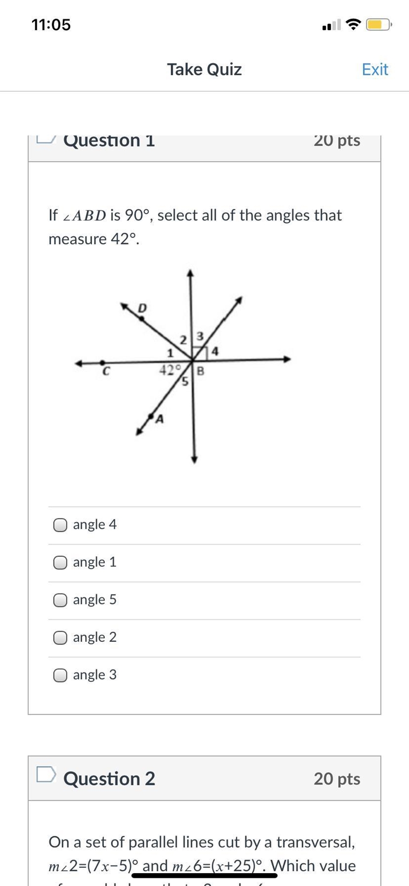 If angle ABD is 90 degrees, select all of the angles that measure 42 degrees. Thank-example-1