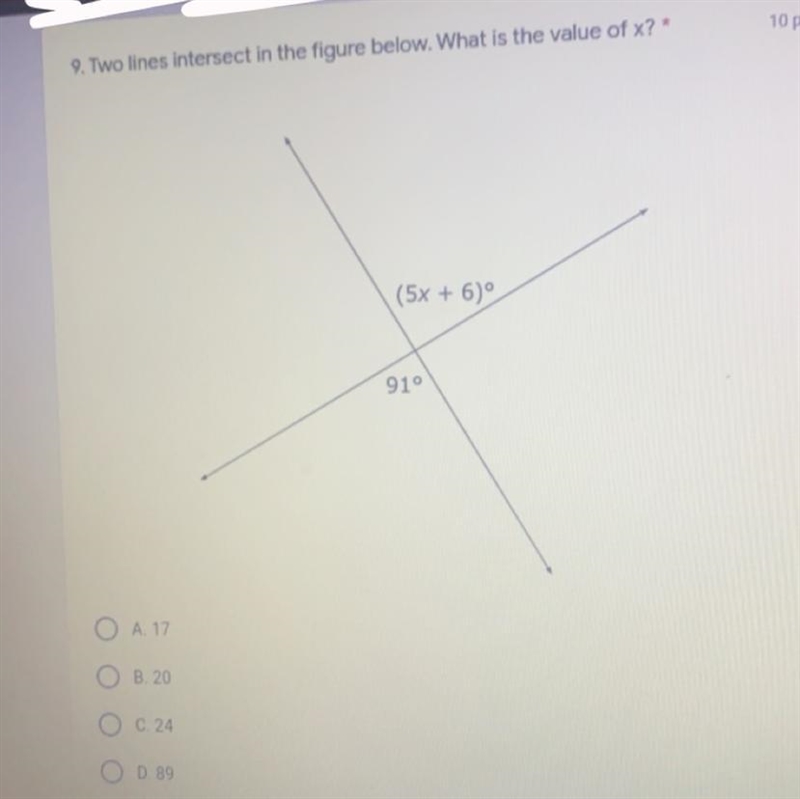 Two lines intersect in the figure below. what is the value of x?-example-1