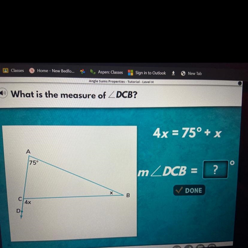 4x = 75° + x mZDCB ? DONE х B-example-1