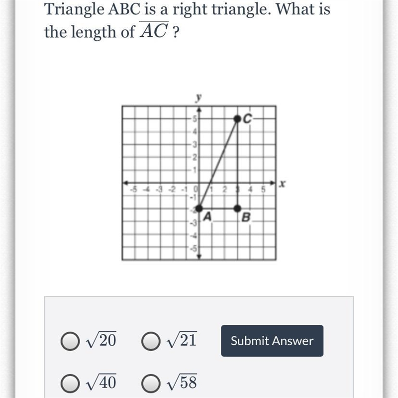 Triangle ABC is a right triangle. What is the length of AC?-example-1