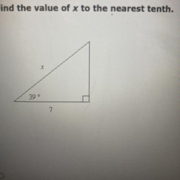 Find the value of x to the nearest tenth. A. 26.3 B. 5.7 C. 9 D. 8.6-example-1