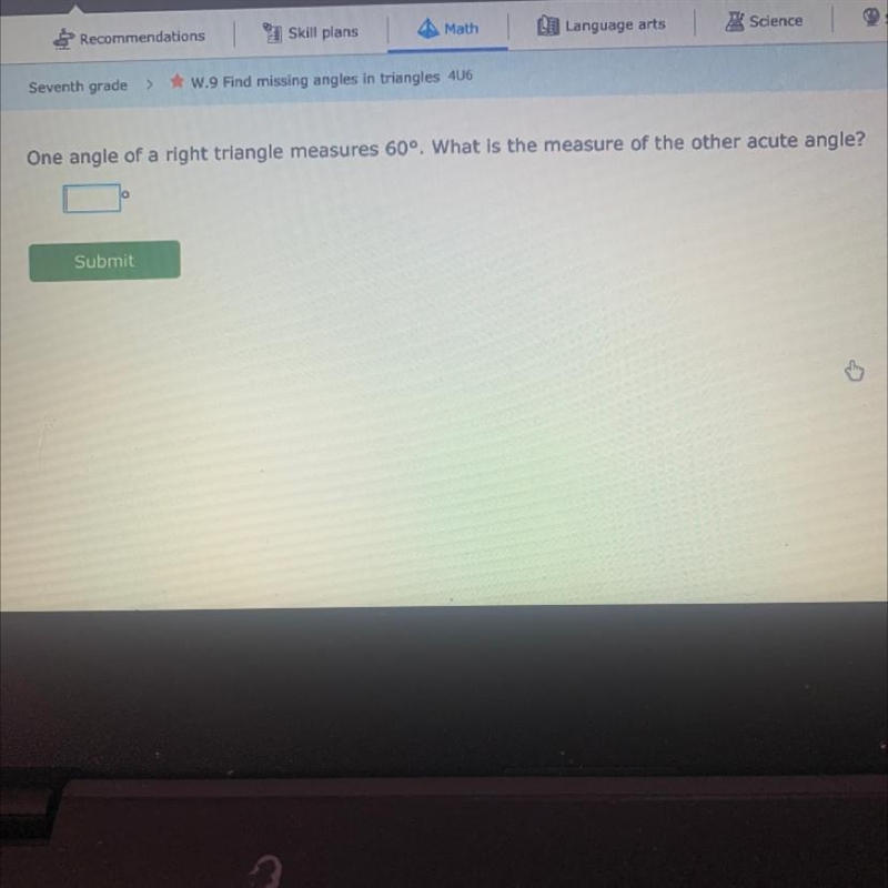 What is the measure of the other acute angle.....? I really need to get this right-example-1