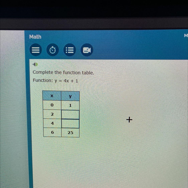 Complete the function table. Function: y = 4x + 1 Х у 0 1 2 4 6 25-example-1