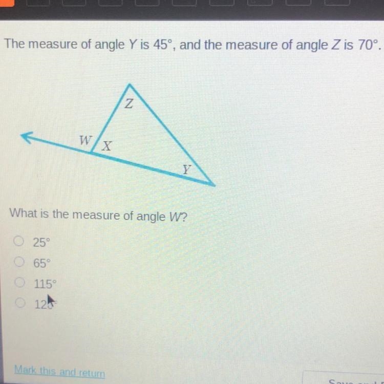 The measure of angle Y is 45°, and the measure of angle Z is 70°. Z W Y What is the-example-1