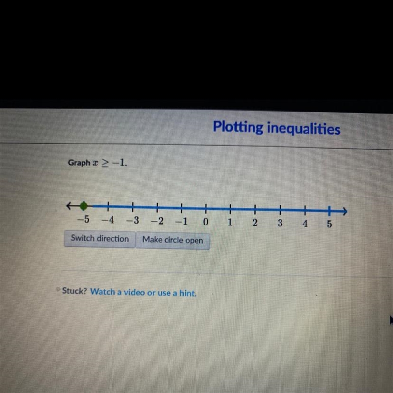 Graph + > -1. + 3 -5 + 4 5 -4 -3 -2 -1 0 1 2 Switch direction Make circle open-example-1