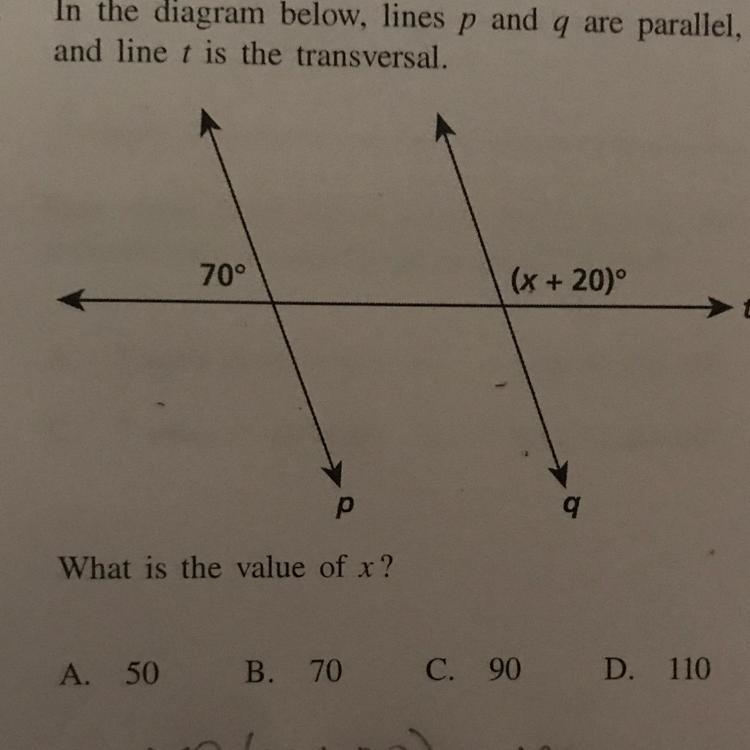 70° (x+20) t p q What is the value of x? A. 50 B. 70 C. 90 D. 110-example-1