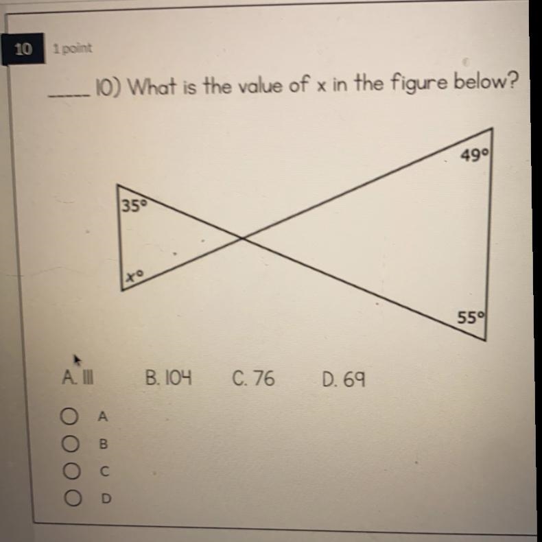 10) What is the value of x in the figure below?-example-1