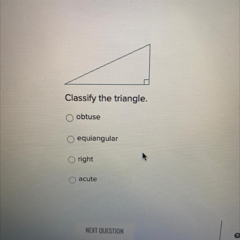 Classify the triangle. obtuse equiangular right acute-example-1