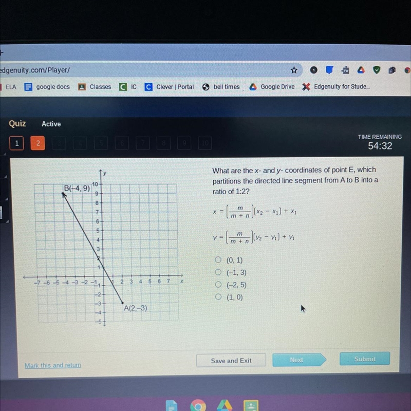 what are the ex and Y coordinates of point E, which partition the directed line segment-example-1