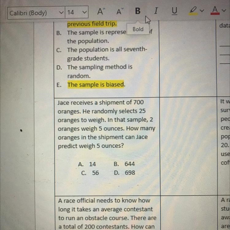 Jace receives a shipment of 700 oranges. He randomly selects 25 oranges to weigh. In-example-1