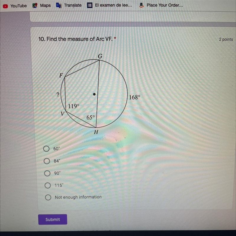 Find the measure of arc VF. (look at the picture provided) please help-example-1