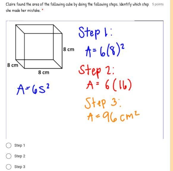 HELLLLLLPPPP MEEEE Claire found the area of the following cube by doing the following-example-1