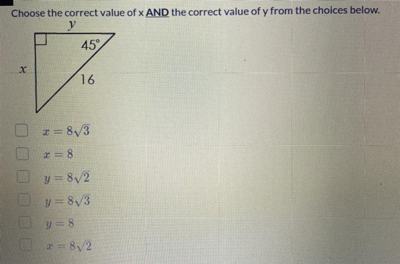 Choose the correct value of x AND the correct value of y from the choices below. y-example-1