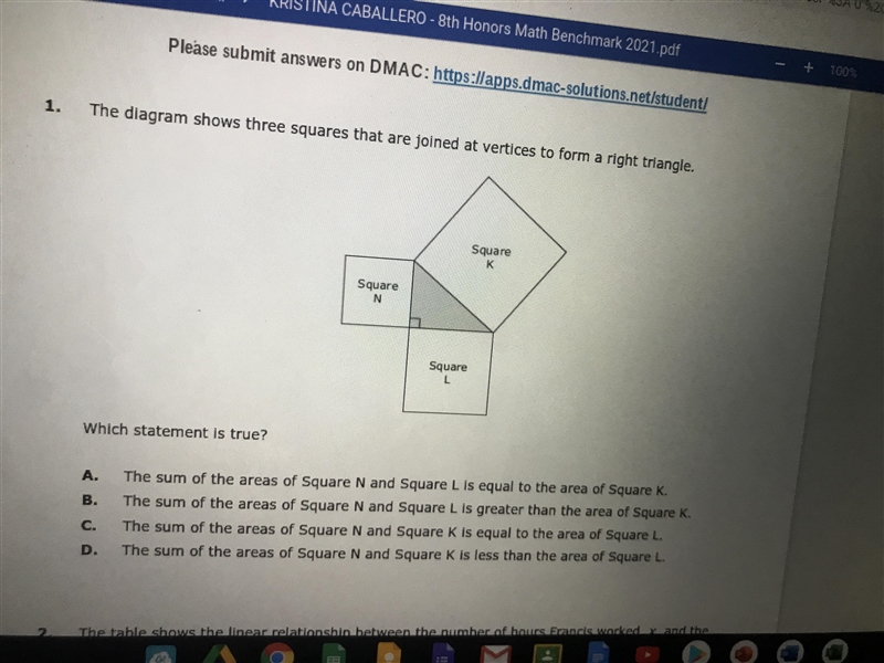 The diagram shows three squares that are joined at vertices to form a right triangle-example-1