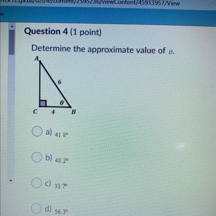 Determine the approximate value of ø a)41.89 b) 48.20 c)33.70 d)56.30-example-1