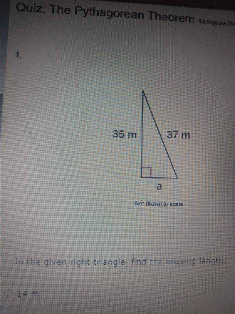 1. In the given right triangle, find the missing length. A. 14m B. 39m C. 12m D. 28m-example-1