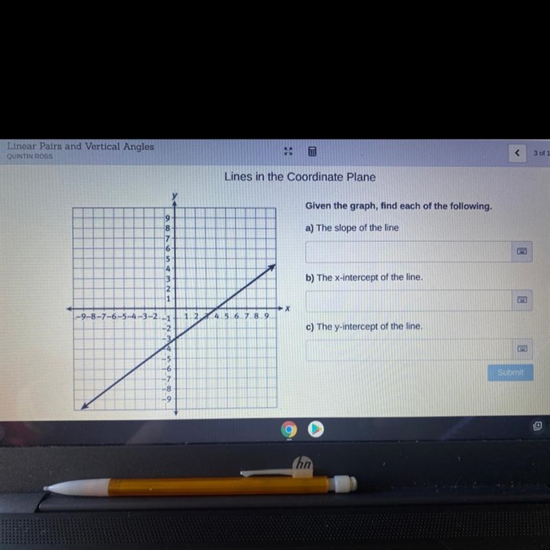 Help me find the Slope of the line, the x-intercept of the line , and the y-intercept-example-1