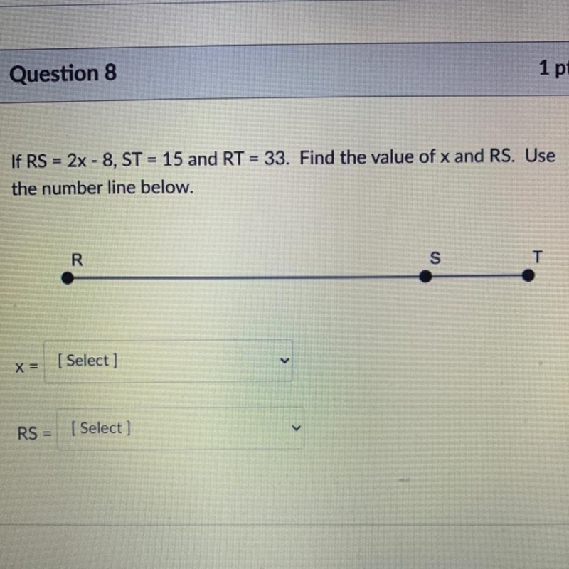 If RS =8, ST =15 and RT =33. Find the value of x and RS. Use the number line below-example-1