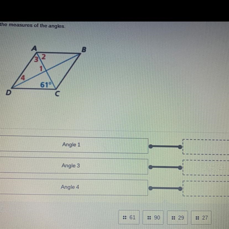 Find the measures of the angles. Angle 1 Angle 2 Angle 3 61 90 29 27-example-1