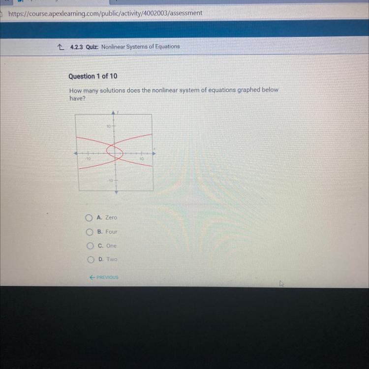 How many solutions does the nonlinear system of equations graphed below have? c A-example-1