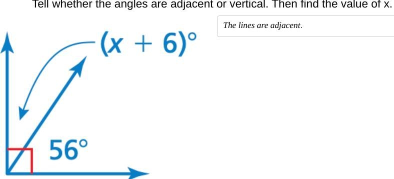 How do you find the value of x while working with adjacent and vertical angles? The-example-1