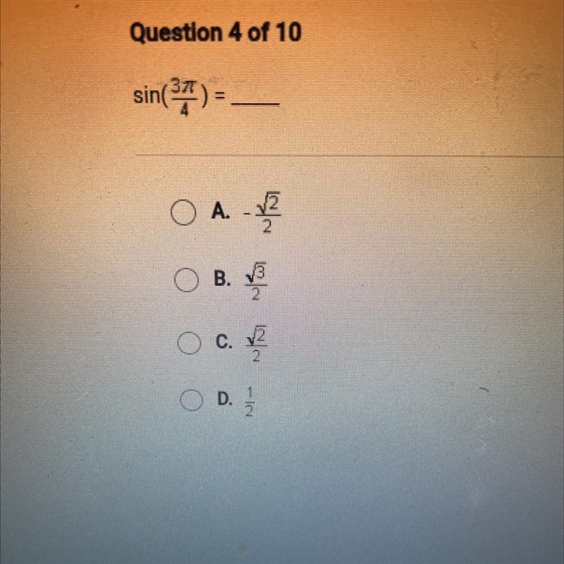 Sin(**) = A. – V2 2 B. 3 2 c C. V2 2 D. 2-example-1