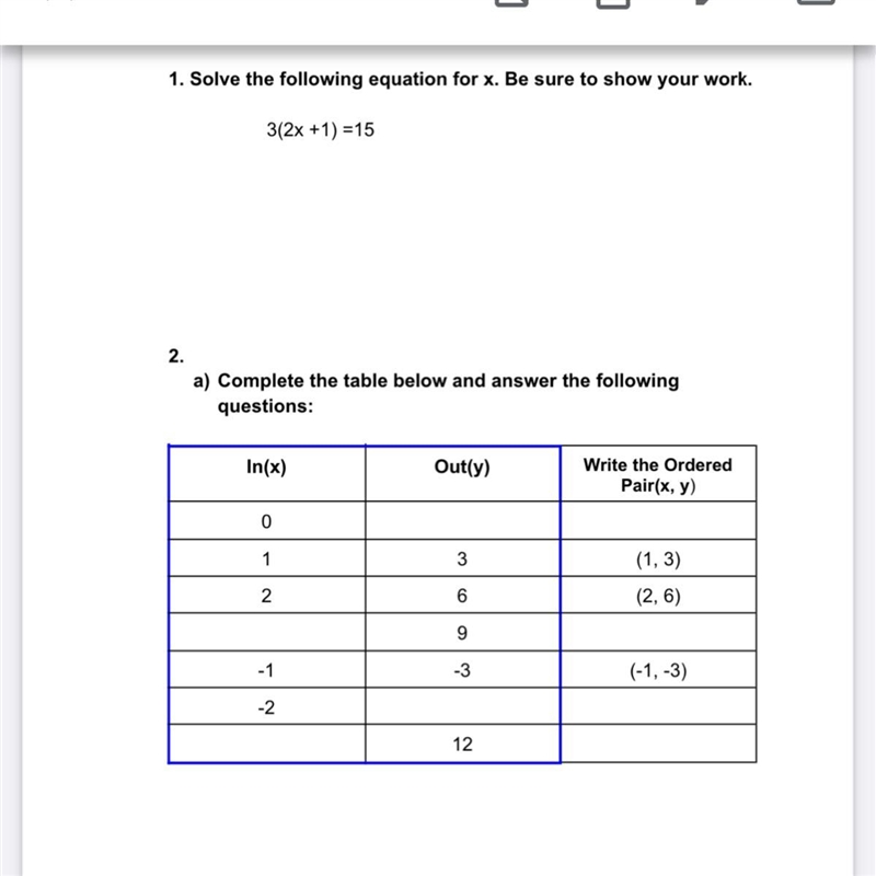 Solve for x and complete the table-example-1