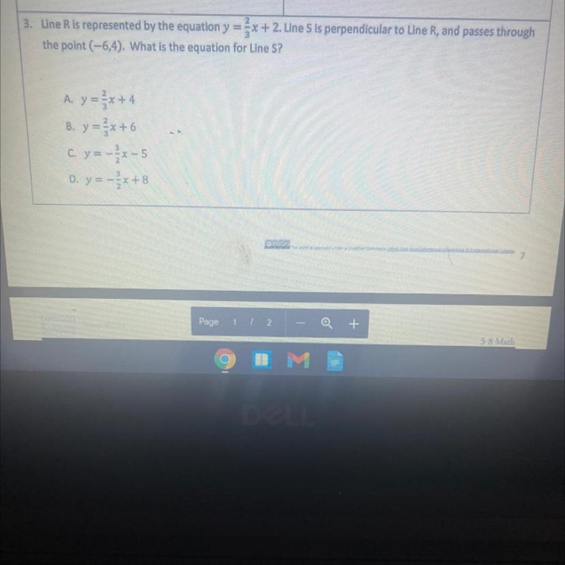 Line R is represented by the equation y=x+2. Line S is perpendicular to Line R and-example-1