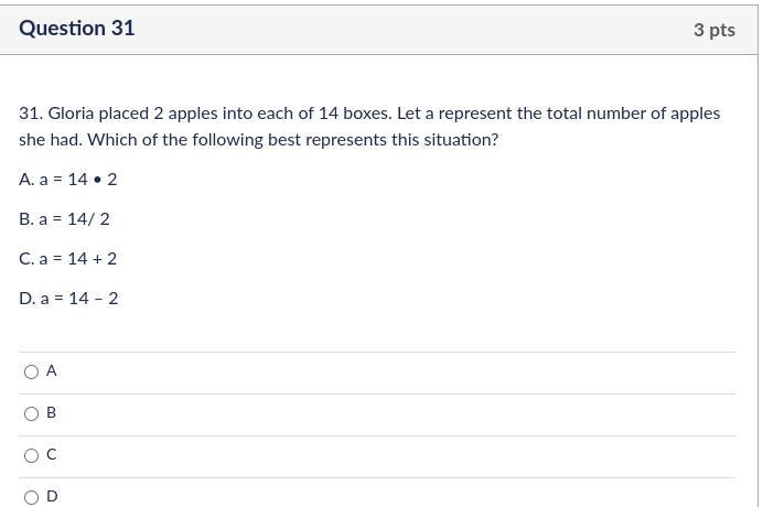 Gloria placed 2 apples into each of 14 boxes. Let a represent the total number of-example-1