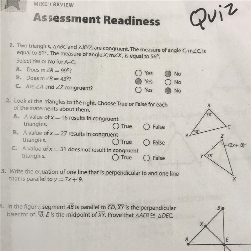 Question 2 ONLY Look at the triangles below. Choose True or False for each of the-example-1