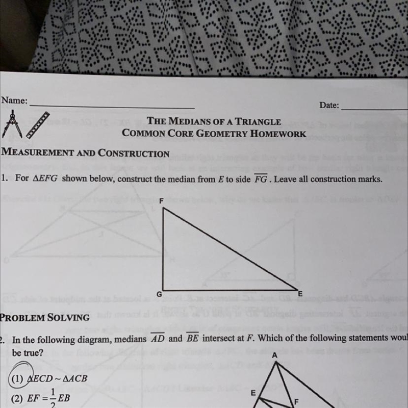 1. For AEFG shown below, construct the median from E to side FG. Leave all construction-example-1