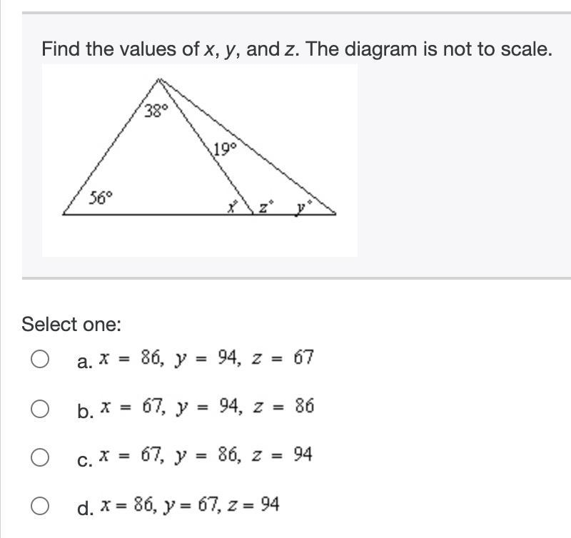 (10) Find the values of x, y, and z. The diagram is not to scale.-example-1