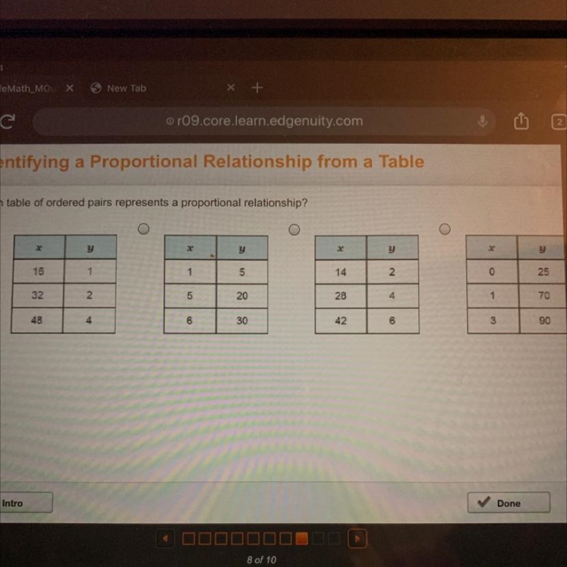 Which table of ordered pairs represents a proportional relationship?-example-1