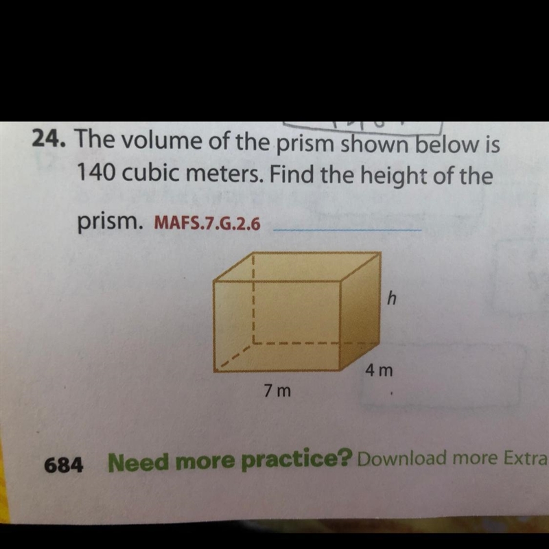 The volume of the prism shown below is 140 cubic meters. Find the height of the prism-example-1