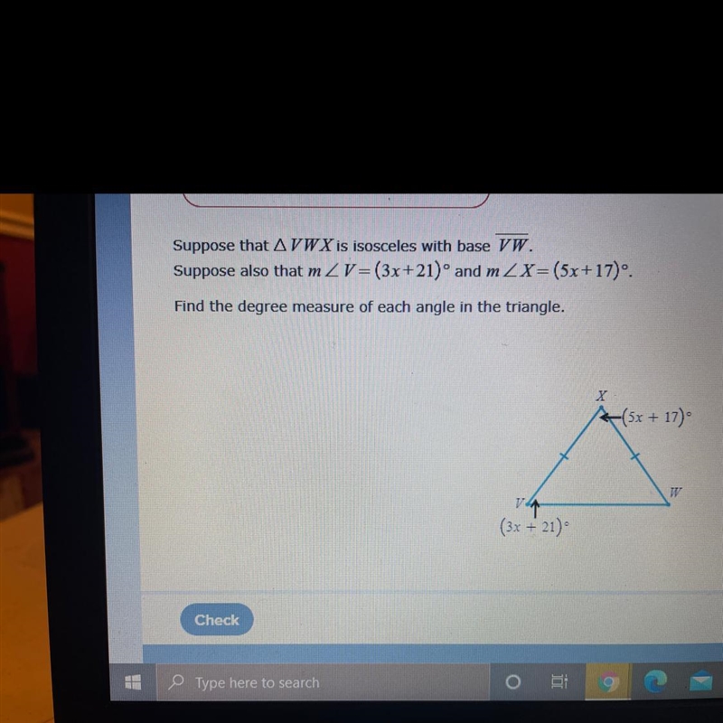 Geometry Find the degree for each angle in the triangle-example-1