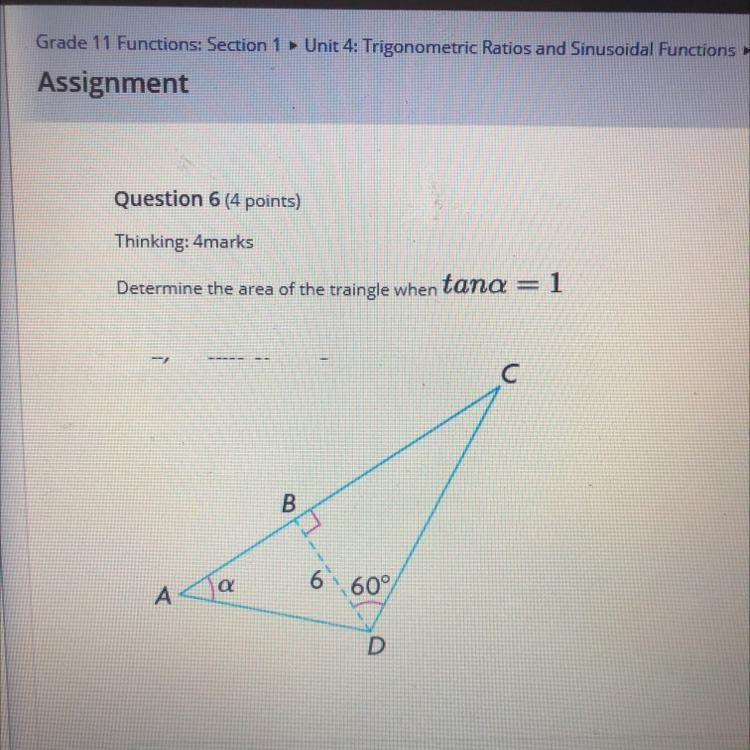 Determine the area of the triangle when tana=1 the image is in the picture above-example-1