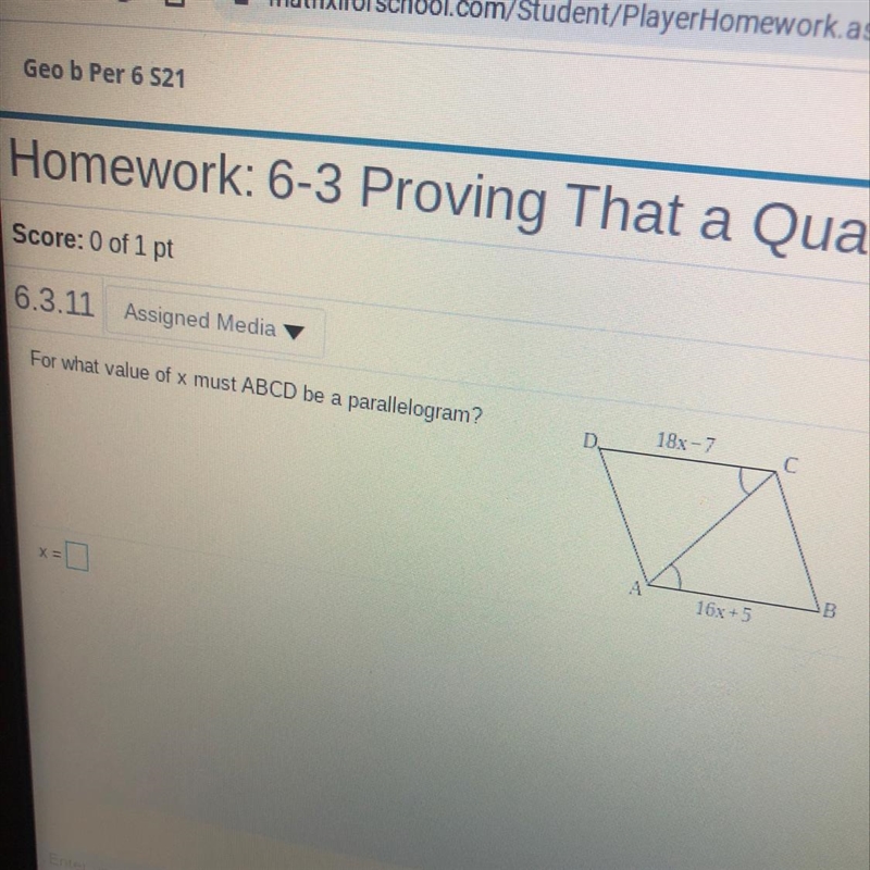 For what value of x must ABCD be a parallelogram?-example-1