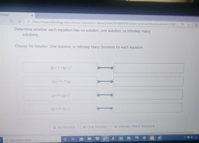 Help Me! ASAP! Determine whether each equation has no solution, one solution or infinitely-example-1