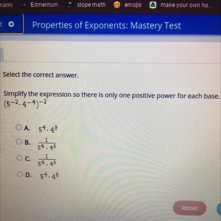 Select the correct answer. Simplify the expression so there is only one positive power-example-1