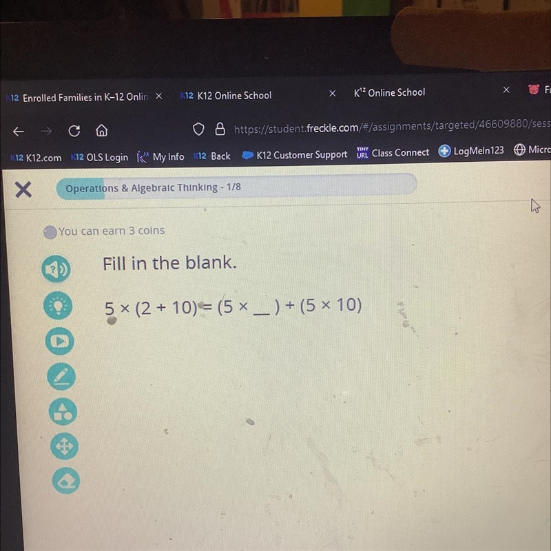 Fill in the blank. 5x(2 + 10) = (5x__) + (5 x 10)-example-1