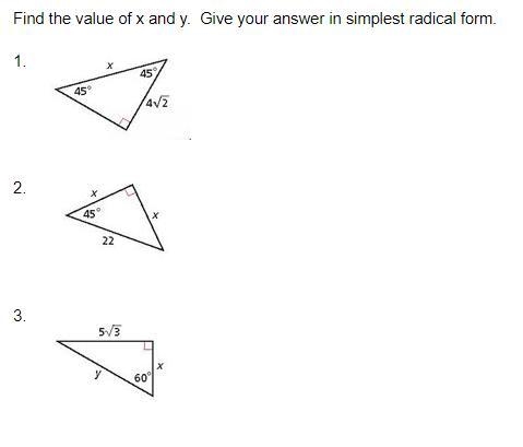 Find the value of x and y. Give your answer in simplest radical form.-example-1