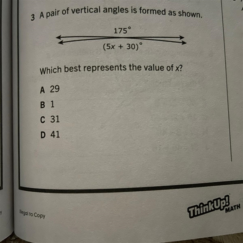 3 A pair of vertical angles is formed as shown. 175° (5x + 30) Which best represents-example-1