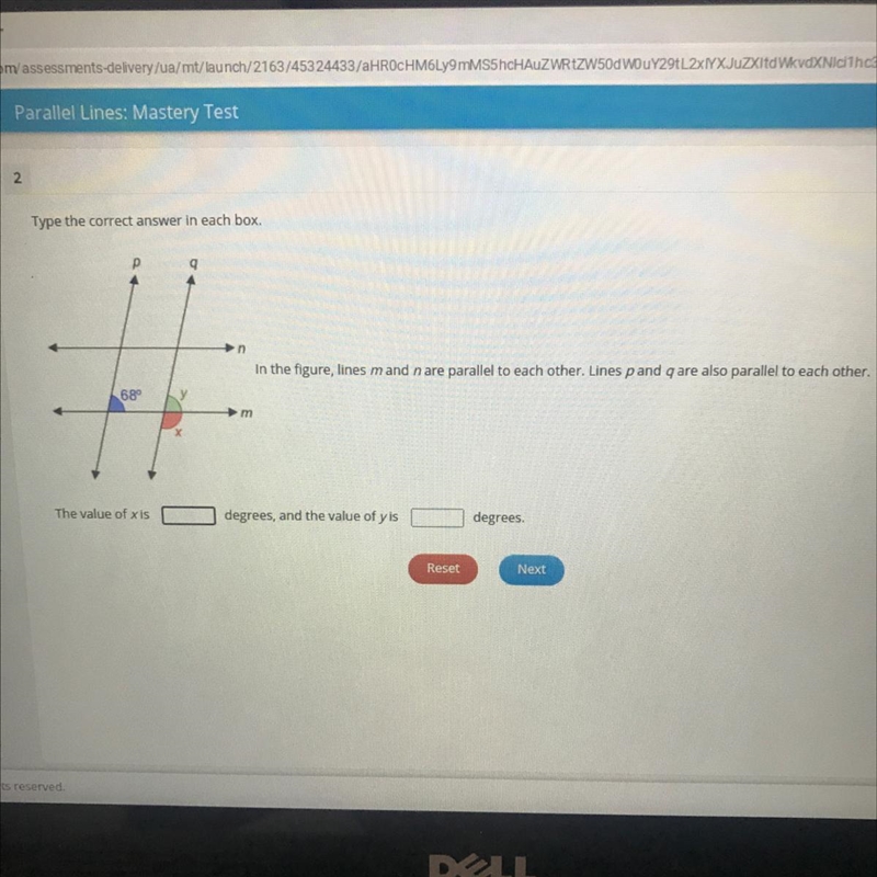 The value of x is ____ degrees, and the value of y is___degrees-example-1