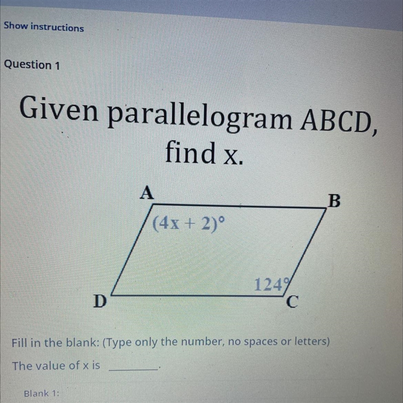 Given parallelogram ABCD, find x. A B (4x + 2)° 1249 C D-example-1